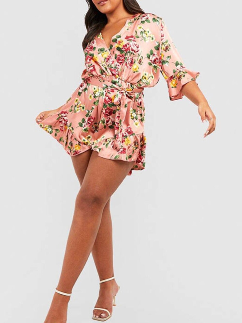 Boohoo Pink Satin Floral Wrap Flutter Ruffle Sleeve Summer Playsuit Romper SZ 12
